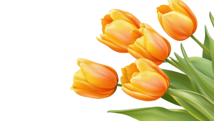 A bouquet of orange tulips gracefully arranged with lush green leaves. set against a soft pastel background. perfect for spring-themed decorations or floral design inspiration