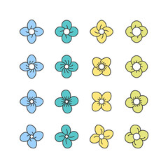 Wild flower symbol. Big set of 16 geometric shape. Four leaf flower bud.