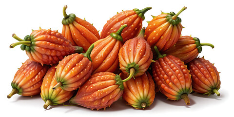 Pile of beautiful, textured orange spiky gourds with white background and great detail