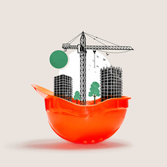 A minimalist photo collage featuring a construction helmet, a tower crane, and buildings under construction.