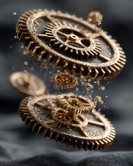 Vintage machinery gear wheel golden metallic finish high resolution picture