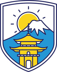 Japanese Emblem Featuring Mount Fuji Pagoda and Sun.