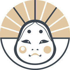Japanese Noh Mask Depiction in a Circular Design.