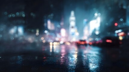 Atmospheric nighttime city scene with blurred neon lights rain slicked streets and moving traffic creating a vibrant moody ambiance