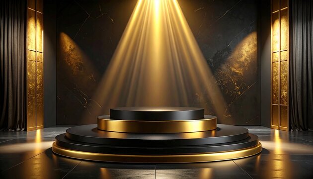 Luxury Podium with Gold Spotlights and Marble Columns