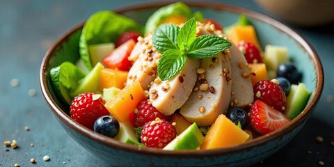 A refreshing bowl of sliced chicken breast salad with assorted fruits and greens