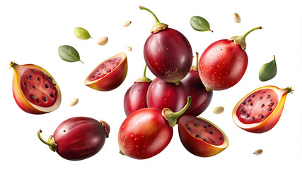 An Image of Fresh Tamarillo Fruit Floating Against a White Background