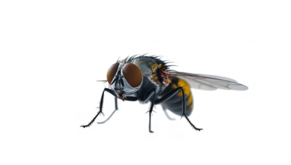 A close-up view of a fly its intricate details. including large eyes and delicate wings. against a clean white background. ideal for educational or scientific purposes