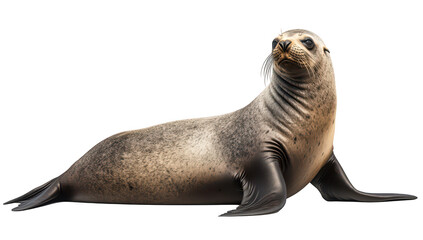 Naklejka premium A majestic seal lounging on a smooth surface. its sleek body and whiskers. with a plain white background emphasizing its features. ideal for wildlife education and marine conservation themes