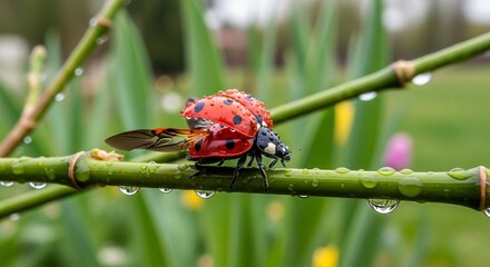 Red ladybug on bamboo stem, ladybug crawling with open wings on plant stem in spring in garden in rain