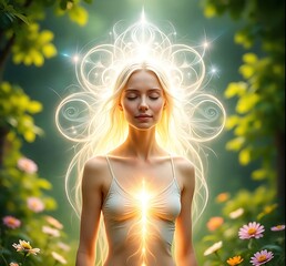 Blonde woman meditating in nature with glowing aura and floral background