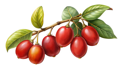 Realistic Digital Illustration of Tamarillo Fruit on a Branch with Green Leaves