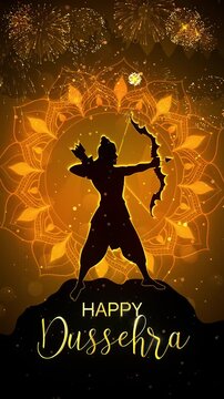Happy Dussehra Greetings Text Background Animation With Mandala Design, Lord Ram and Fireworks.