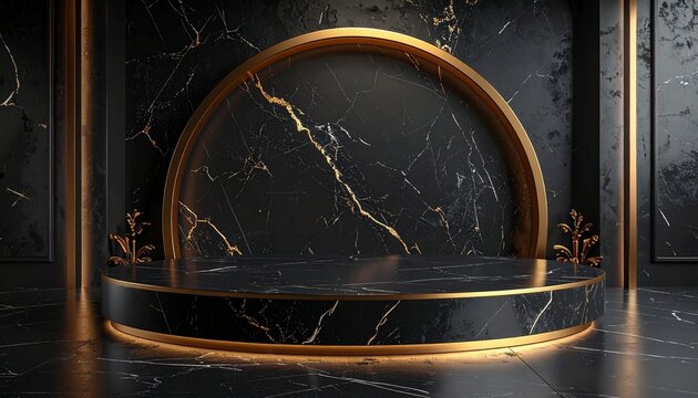Black Marble Podium with Gold Accents and Circular Backdrop