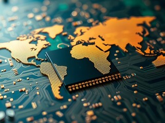 Macro Shot Golden World Map On Integrated Circuit Board Technology