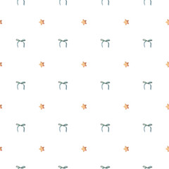 Seamless pattern with golden stars and bows. Hand-painted watercolor illustration isolated on white background for printing on textile, wallpaper, packaging, stationery, magic, festive decor.