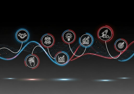 A futuristic business presentation in dark mode, with a black gradient background and glowing neon holographic elements.