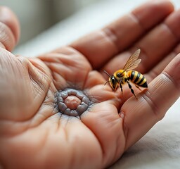 Close up of a bee on a persons hand, with a strange growth