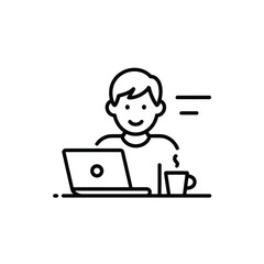 Freelancer working at his laptop with a cup of coffee line drawing vector illustration