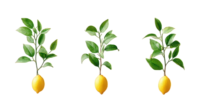 Three Lemon Branches with Ripe Fruit and Lush Green Leaves on Black Background