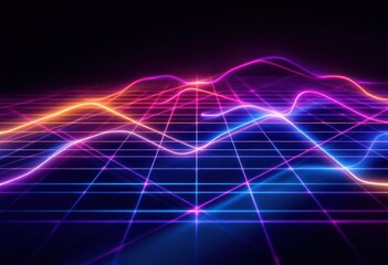 Obraz premium A dynamic graphic displays glowing neon lines forming undulating patterns over a gridded surface, evoking a futuristic and energetic mood.