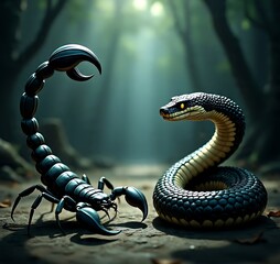 A black scorpion and a snake face each other in a dark forest setting