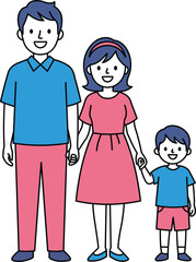 Happy family: father, mother, and son holding hands and smiling.
