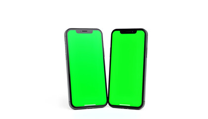 Two Smartphones with Green Screen on a White Background