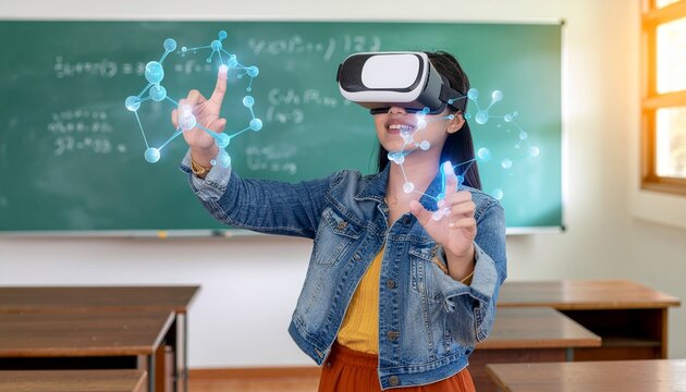 Student using VR headset in classroom for immersive science education. - Powered by Adobe