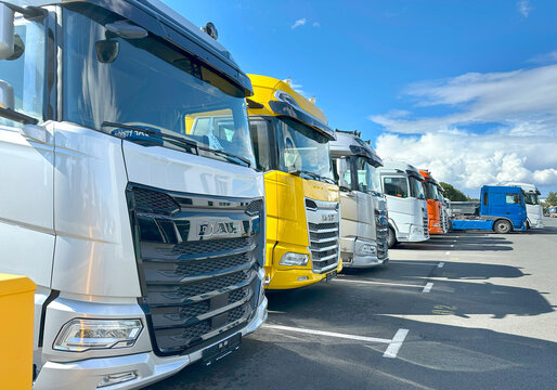 Row modern DAF trucks parked in a dealership lot, white yellow silver and blue cabs, commercial transport vehicles, heavy duty logistics fleet, haulage industry, logistics transport operations