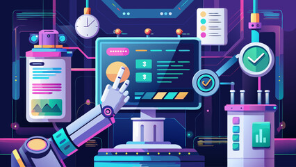 Robot interacts with futuristic digital interface displaying data and graphs