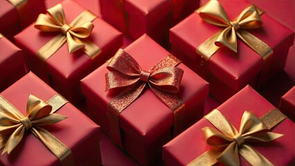 A profusion of crimson gift boxes adorned with shimmering gold ribbons, a festive arrangement symbolizing generosity and joyous celebration