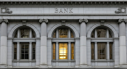 Obraz premium Illustration of facade of a grand old bank building with arched windows and classical columns, showcasing architectural detail and a sense of history