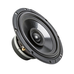 Round audio speaker with textured cone and metallic details isolated on a transparent background sound