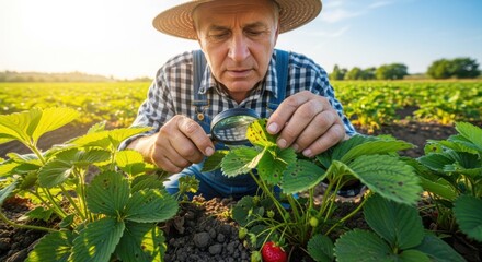 Medium shot of a gardener gently examining strawberry plants to identify early symptoms of leaf spot disease under natural sunlight