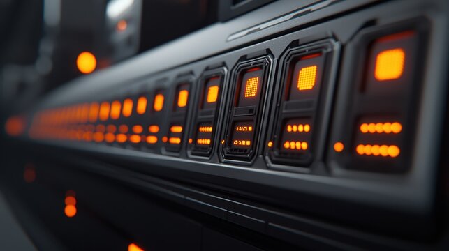 A row of illuminated control panels with glowing orange lights on a dark, futuristic console.