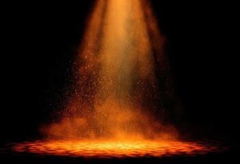 Spotlight illuminates fiery dust particles on stage