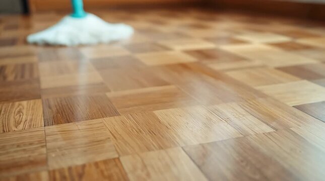 Close-up of a mop on a parquet floor in a room. Cleanliness and cleaning of the house
