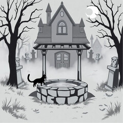 A black cat floating near the old well in a haunted mansion surrounded by fog-shrouded statues.