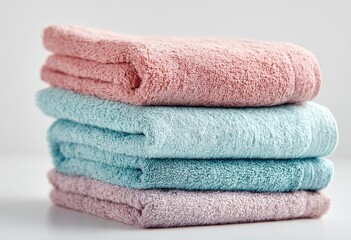 Three folded bath towels in pastel shades of pink and teal, stacked neatly on a plain white surface