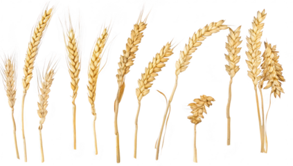 A collection of golden wheat stalks displayed artistically. their natural curves and textures. set against a clean white background. ideal for agricultural or food-related themes