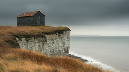 Cliffside hut seaside overcast landscape