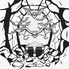 A bat swarm guarding a hidden treasure in a ancient crypt surrounded by broken mirror.