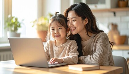 Mother and daughter sitting at a desk, looking at a laptop. Two generations using technology together
