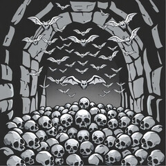 A bat swarm gathering for a midnight ritual in a ancient crypt surrounded by pile of skulls.