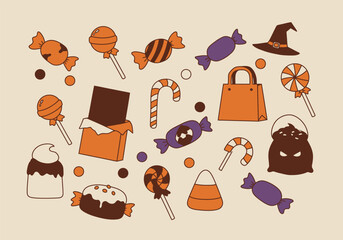 Illustration of Halloween treats, featuring candies, lollipops, chocolate bars, and treat bags with pumpkin faces, perfect for festive designs and decorations