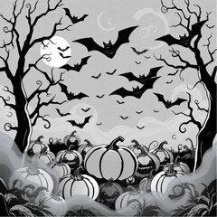A bat swarm gathering for a midnight ritual in a twisted pumpkin forest surrounded by swirling mist.