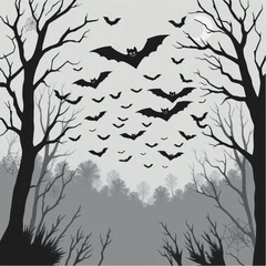 A bat swarm emerging from the fog in a creepy forest surrounded by spider webs.