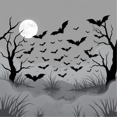A bat swarm dancing under the moonlight in a moonlit swamp surrounded by swirling mist.