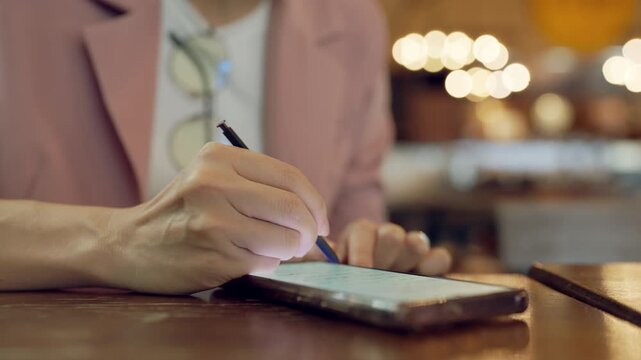 User interface concept with woman navigating mobile application on smartphone screen